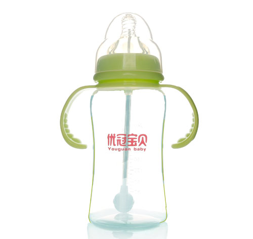 優冠寶貝寬口帶柄自動PP奶瓶300ml綠色