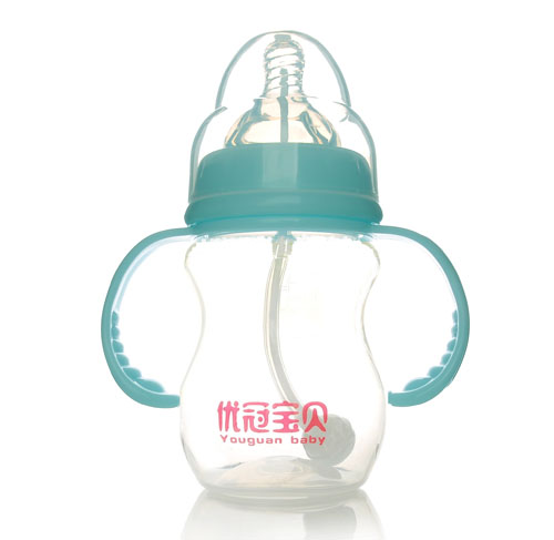 優冠寶貝寬口帶柄自動PP奶瓶210ml藍色