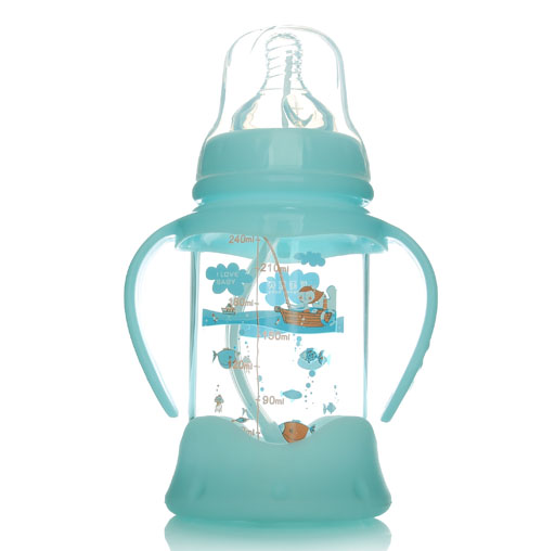 優冠寶貝防摔寬口帶柄自動玻璃奶瓶240ml藍色
