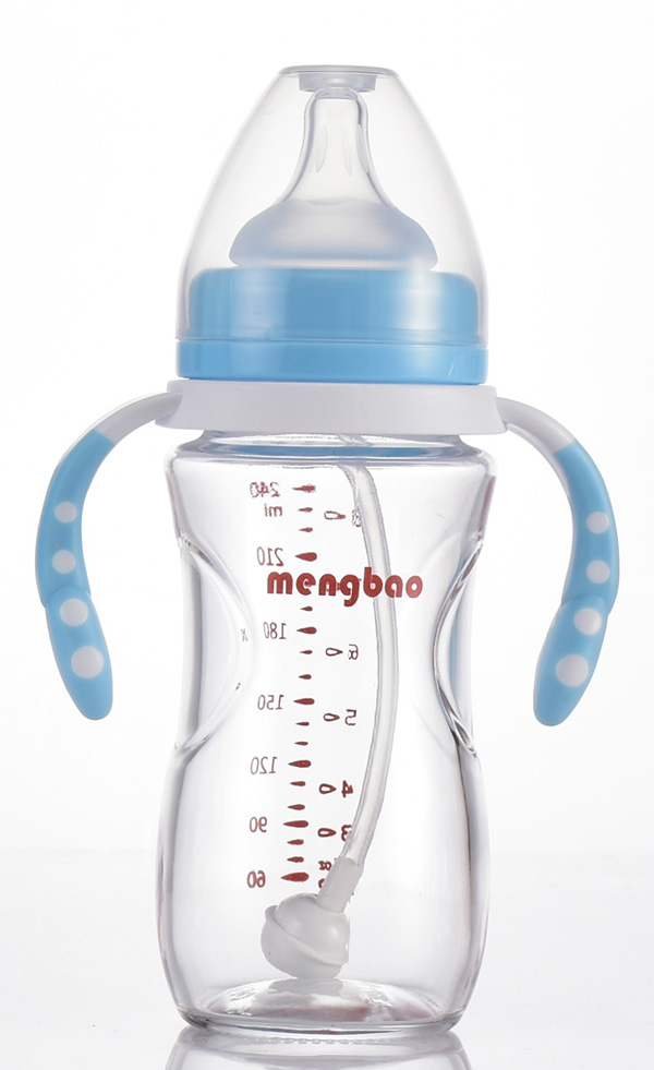 盟寶有吸管玻璃奶瓶240ml-藍白
