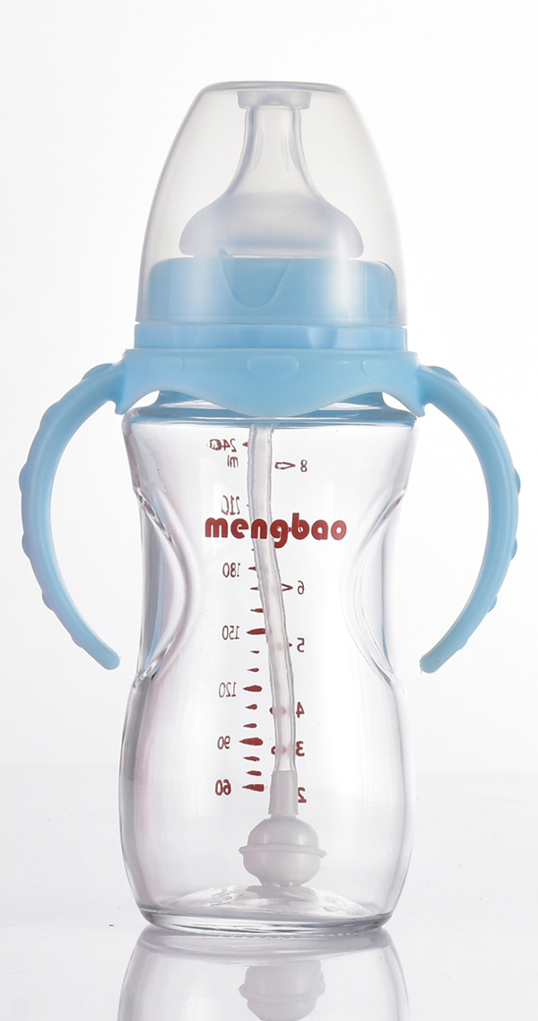 盟寶有吸管玻璃奶瓶240ml-藍色