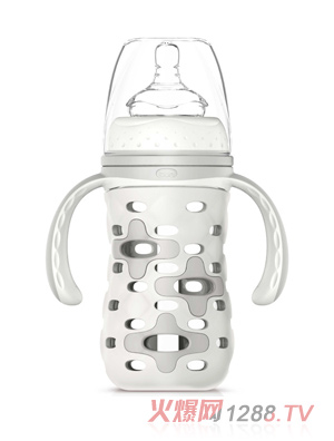 貝優能硅膠套帶柄自動寬口玻璃奶瓶160ml