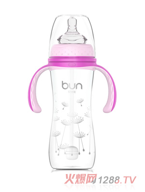 貝優能硅膠帶柄自動寬口玻璃奶瓶240ml