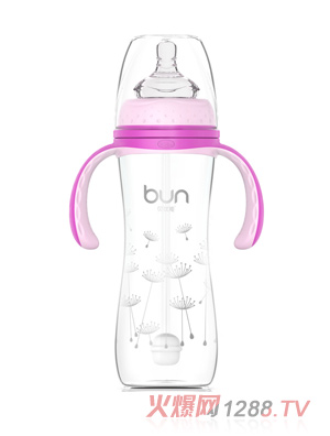 貝優能硅膠帶柄自動寬口玻璃奶瓶280ml